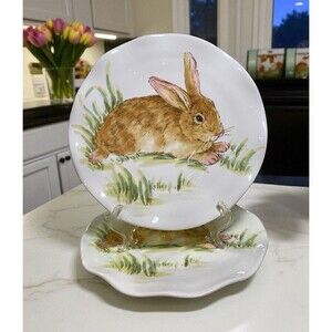 Maxcera set 2 BROWN BUNNY RABBIT in Grass Dinner PLATES Round Ceramic 10 3/4